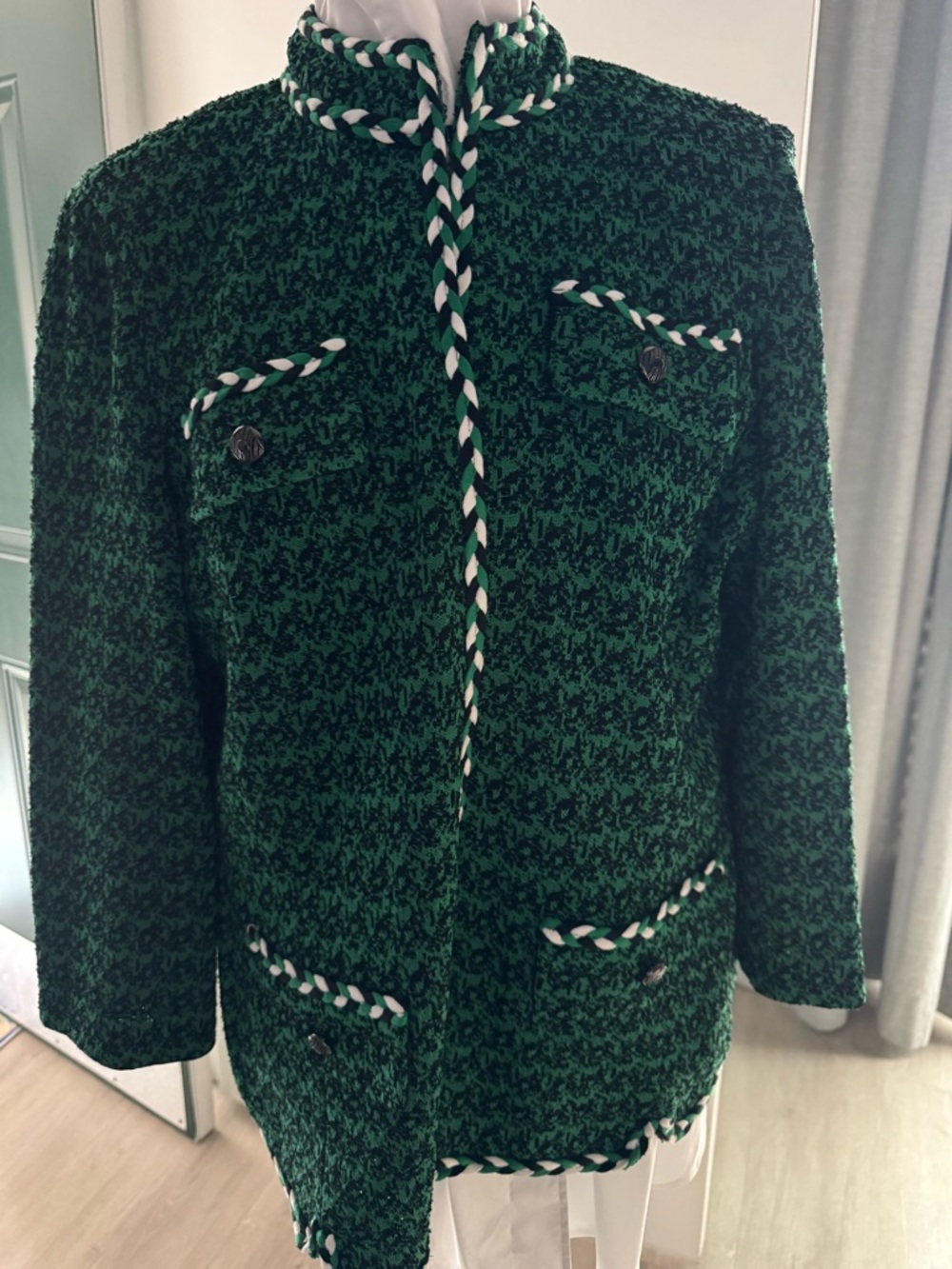 Ming Wang Emerald Green, White & black Braided-Trim Jacket L
